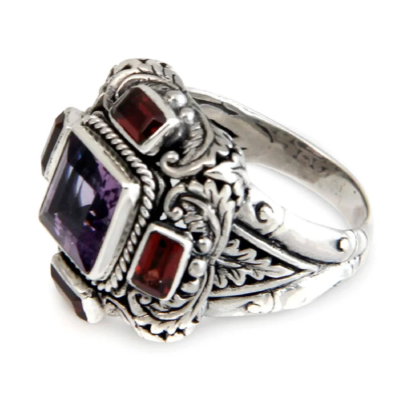 Handmade Sterling Silver 'Temple Guardian' Garnet Amethyst Ring - Purple