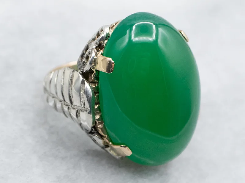 Mixed Metal Yellow Gold and Sterling Silver Oval Cut Green Onyx Ring