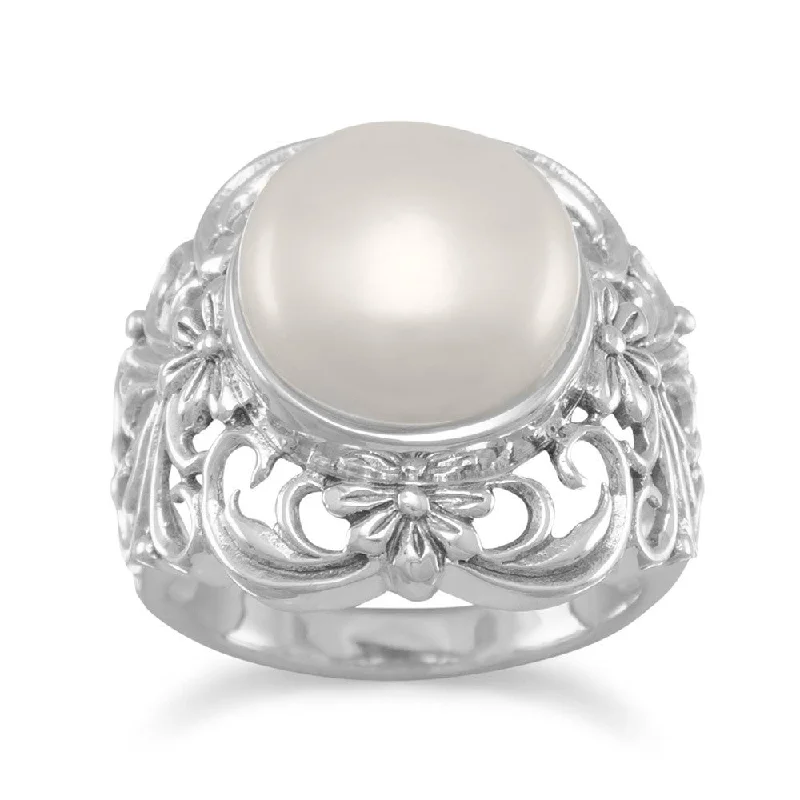 Sterling Silver Ornate Cultured Freshwater Pearl Ring