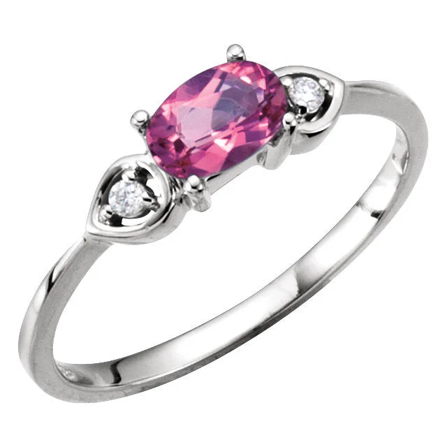 14k White Gold Pink Tourmaline & Diamond 3-Stone Ring