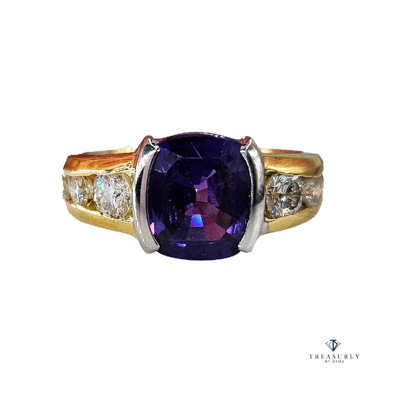 Rare GIA 3.04ctw Natural PURPLE Unheated Ceylon Cushion Sapphire Diamond Platinum 18K Ring