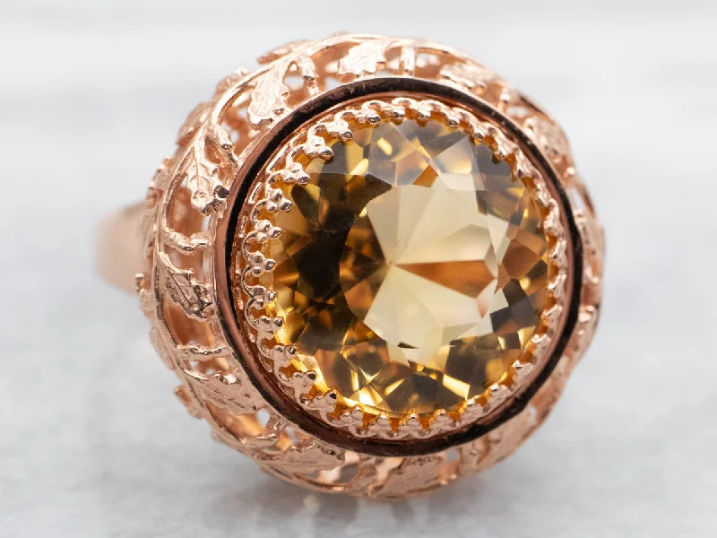 Rose Gold Round Cut Citrine Solitaire Ring