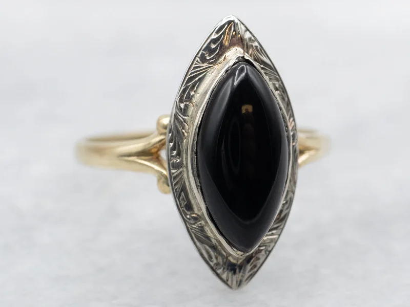 Scrolling Two Tone Gold Marquise Black Onyx Ring