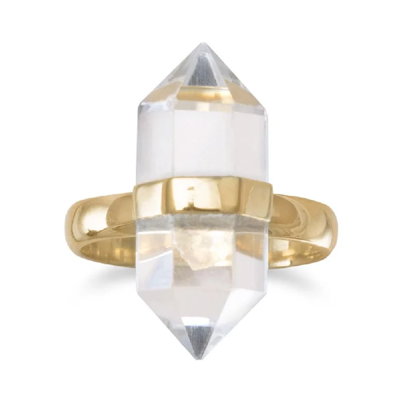 Sterling Silver 14k Gold Plated Clear Quartz Spike Pencil Cut Ring