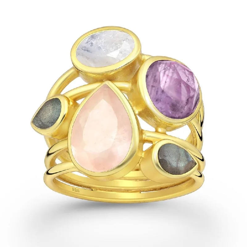 Sterling Silver 18kt Gold Plated Pink Purple Stone CZ Mix Multi-Band Geometric Statement Ring