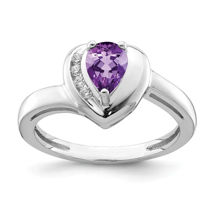 Sterling Silver Amethyst Pear And White Topaz Heart Ring