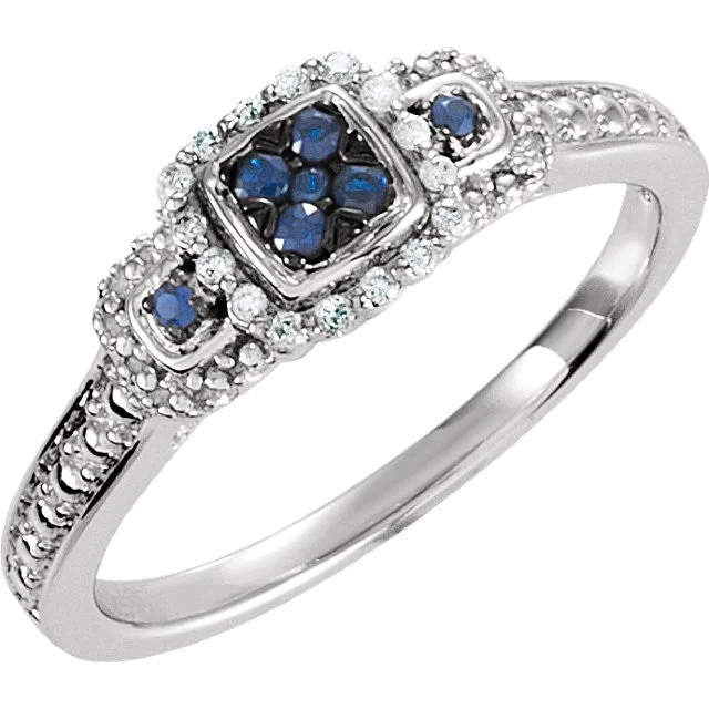 Sterling Silver Blue Sapphire & .06 CTW Diamond Multi Stone Halo Ring