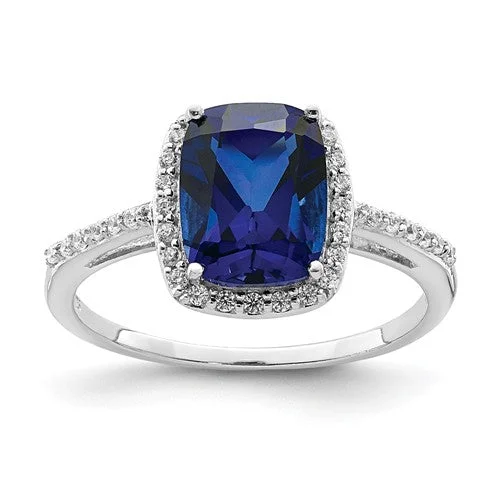 Sterling Silver Cushion Cut Lab-Created Blue Sapphire & CZ Halo Ring