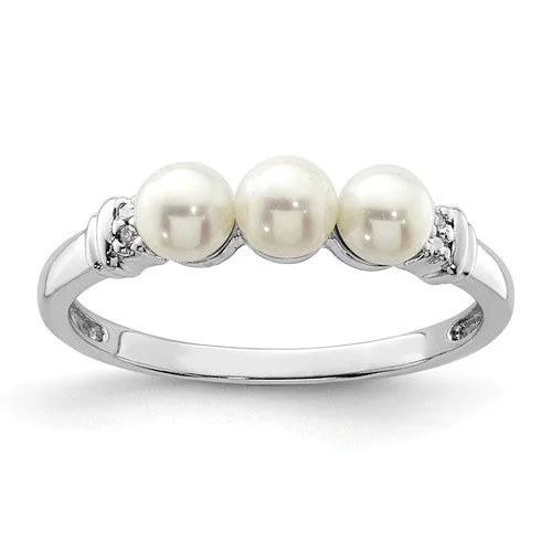 Sterling Silver Diamond And 3 Freshwater Cultured Pearl Ring