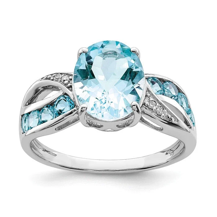 Sterling Silver Diamond & Light Swiss Blue Topaz Oval Ring