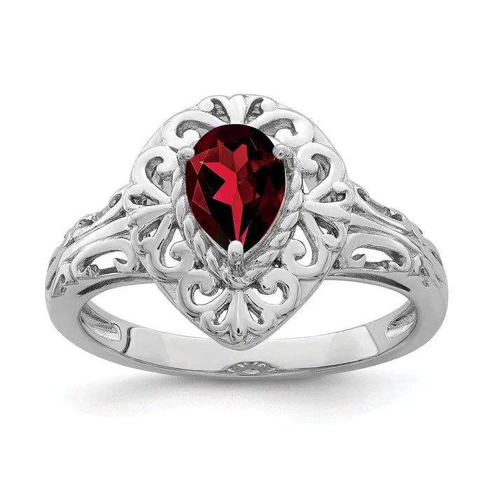 Sterling Silver Filigree Garnet Teardrop Pear Ring