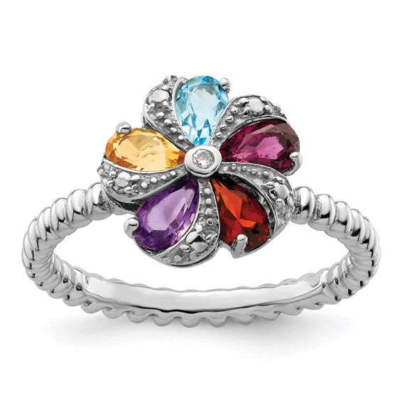 Sterling Silver Multi Gemstone & Diamond Ring