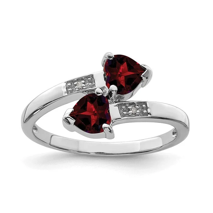 Sterling Silver Genuine Heart Garnet & Diamond 2 Stone Ring