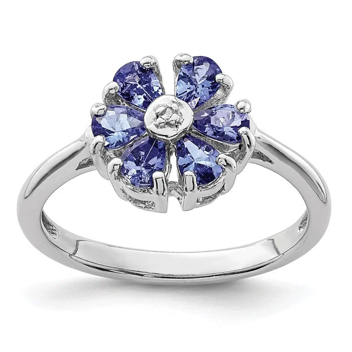 Sterling Silver Genuine Tanzanite And Diamond Flower Ring