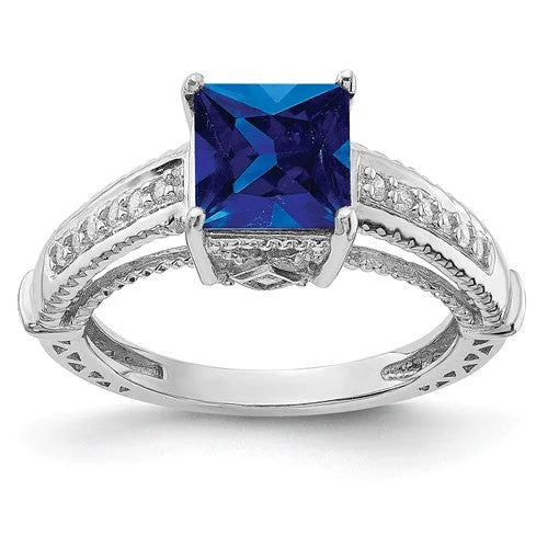 Sterling Silver Lab-Created Blue Sapphire Square Princess & CZ Ring