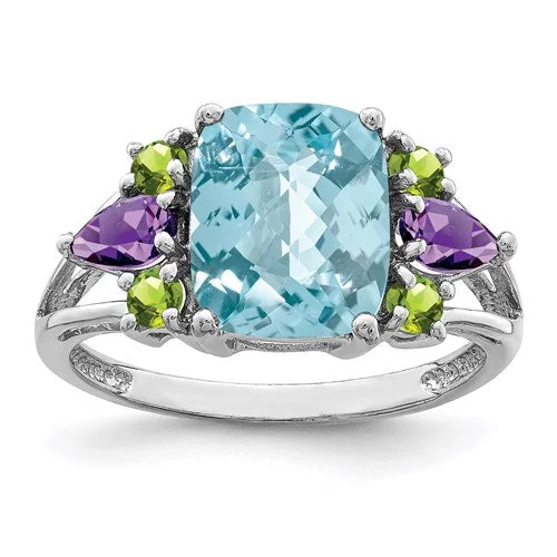 Sterling Silver Ant. Cushion Swiss Blue Topaz, Amethyst & Peridot Ring