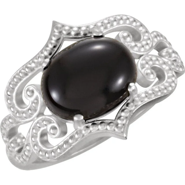 Sterling Silver Oval Onyx Cabochon Granulated Design Ring