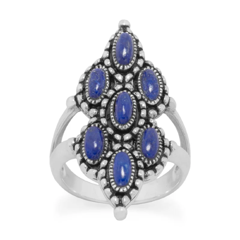 Sterling Silver Ornate 7-Stone Lapis Ring