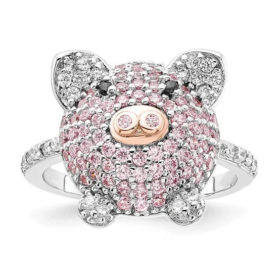 Sterling Silver Pink CZ Pig Ring