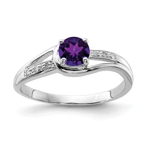 Sterling Silver Round Amethyst and Diamond Ring