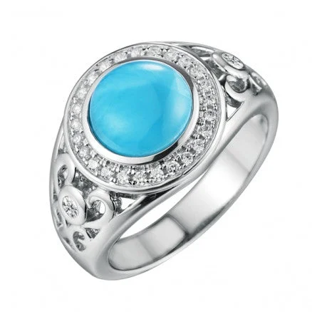 Sterling Silver Alamea Round Larimar CZ Halo Filigree Ring