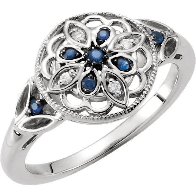 Sterling Silver Genuine Blue Sapphire & Diamond Floral Filigree Ring