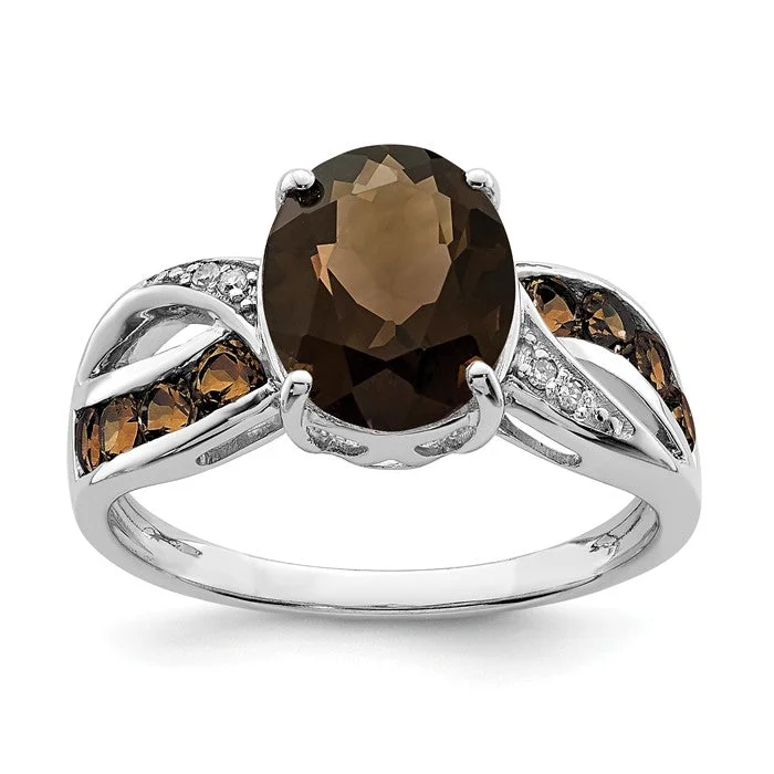 Sterling Silver Smoky Quartz Oval and Crossed Band Diamond Ring