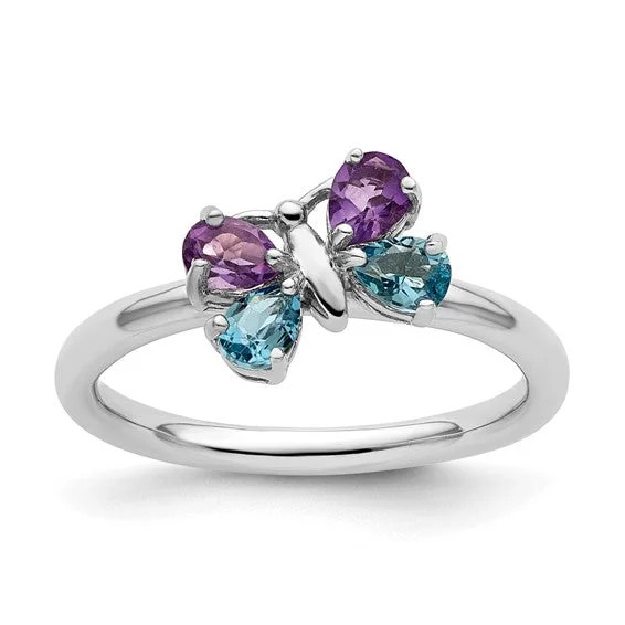 Sterling Silver Stackable Expressions Blue Topaz & Amethyst Butterfly Ring