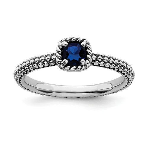 Sterling Silver Stackable Expressions Created Blue Sapphire Cushion Ring