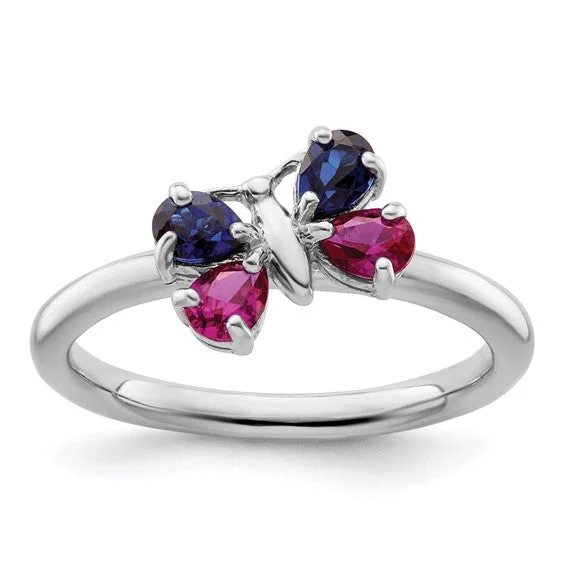 Sterling Silver Stackable Expressions Ruby and Blue Sapphire Butterfly Ring