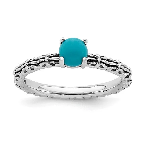 Sterling Silver Stackable Expressions Antiqued Pattern Turquoise Ring