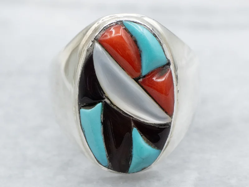 Zuni Turquoise, Mother of Pearl, and Coral Intarsia Ring