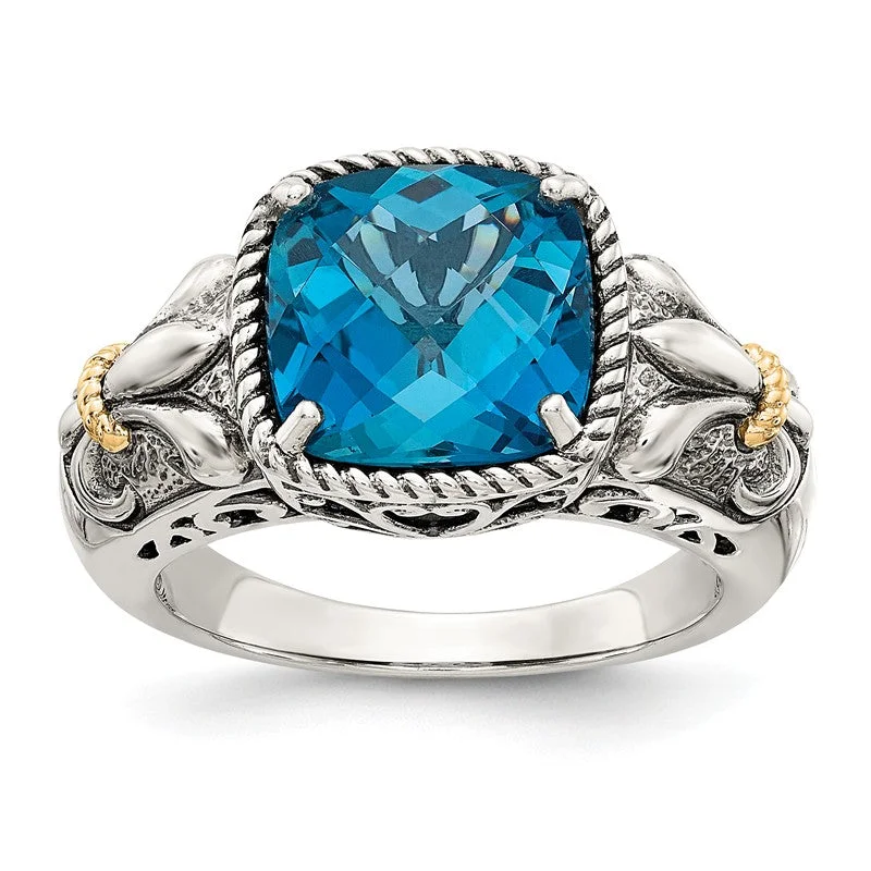 Shey Couture Sterling Silver w/ 14k Gold Accents Cushion London Blue Topaz Fleur-de-lis Ring