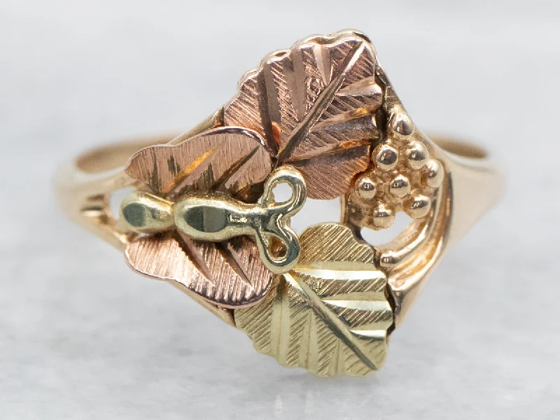 Vintage Black Hills Gold Butterfly and Leaf Ring