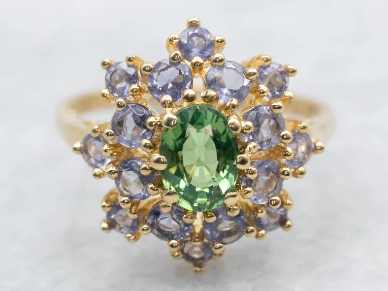 Unusual Teal Green Sapphire Tanzanite Halo Cocktail Ring