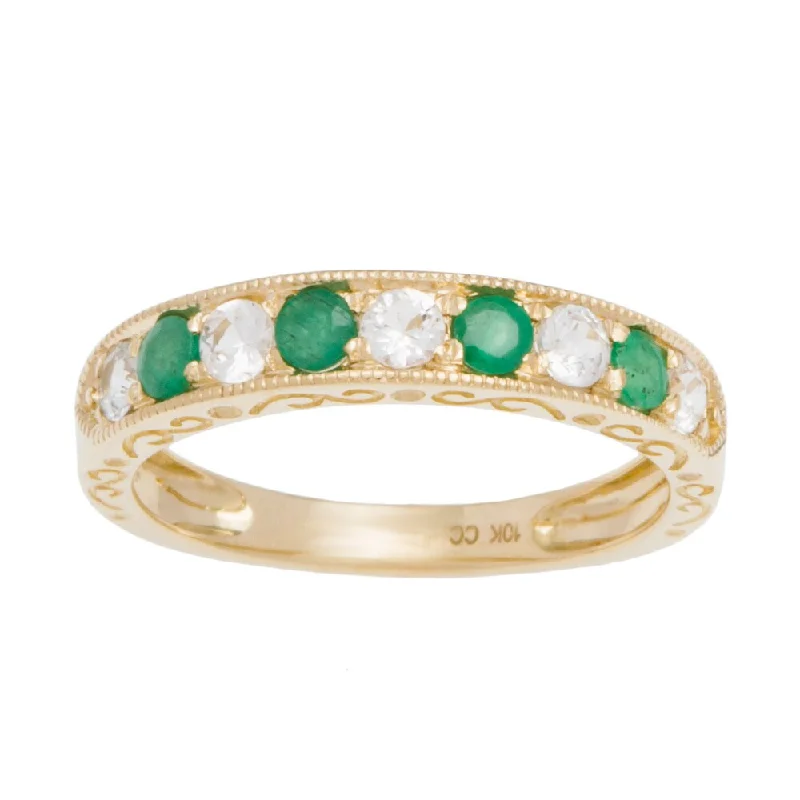 Viducci 10k Gold Emerald and White Sapphire Vintage Style Band