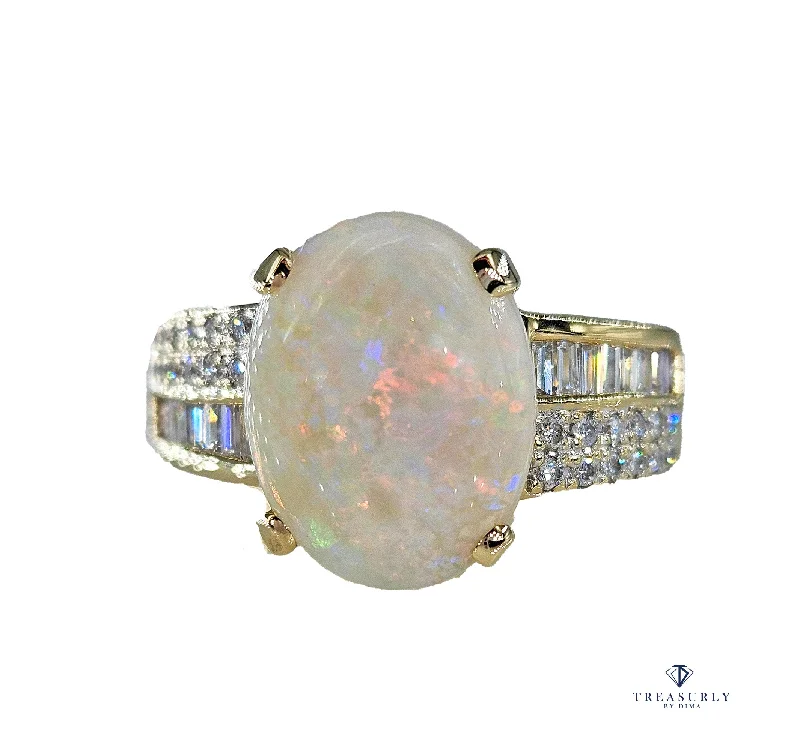 Vintage 5.54ctw Australian OPAL & Round Baguette Diamond 14k Yellow Gold Ring