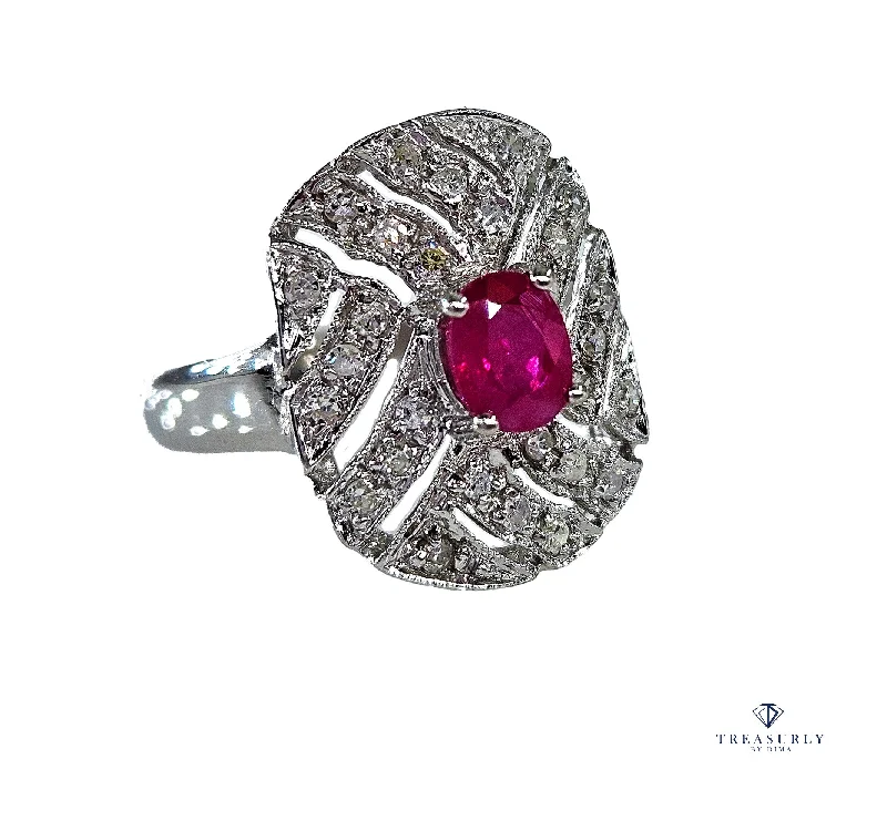 Vintage Art Deco Style 0.75Carat Oval Ruby and Diamond 14k White Gold Ring