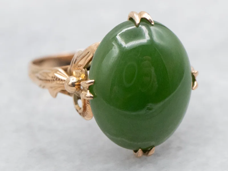 Vintage Botanical Gold Nephrite Jade Ring