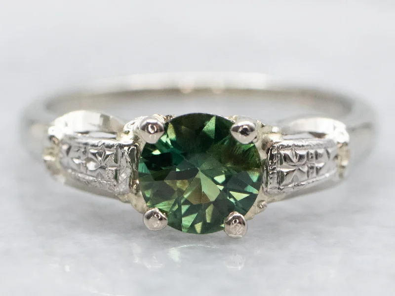 Vintage White Gold Green Sapphire Solitaire Ring