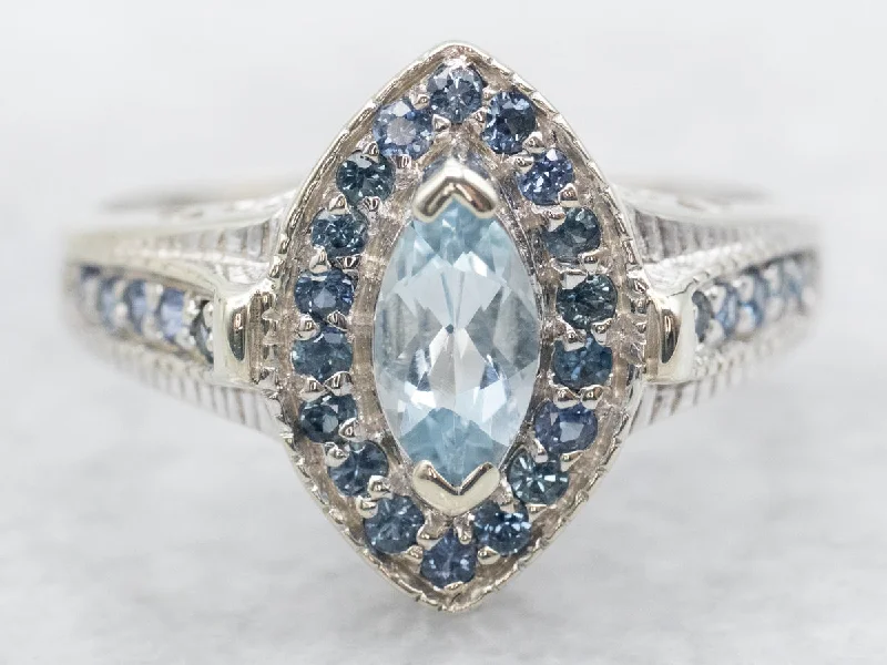 Marquise Cut Aquamarine Ring with Sapphire Halo