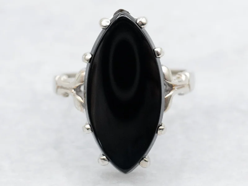 White Gold Marquise Cut Black Onyx Ring