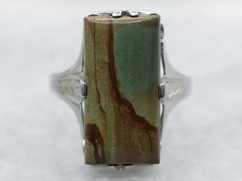 White Gold Rectangle Cut Jasper Ring