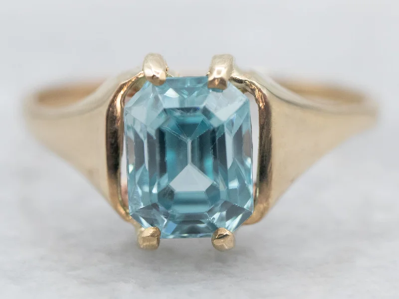 Yellow Gold Emerald Cut Blue Zircon Solitaire Ring