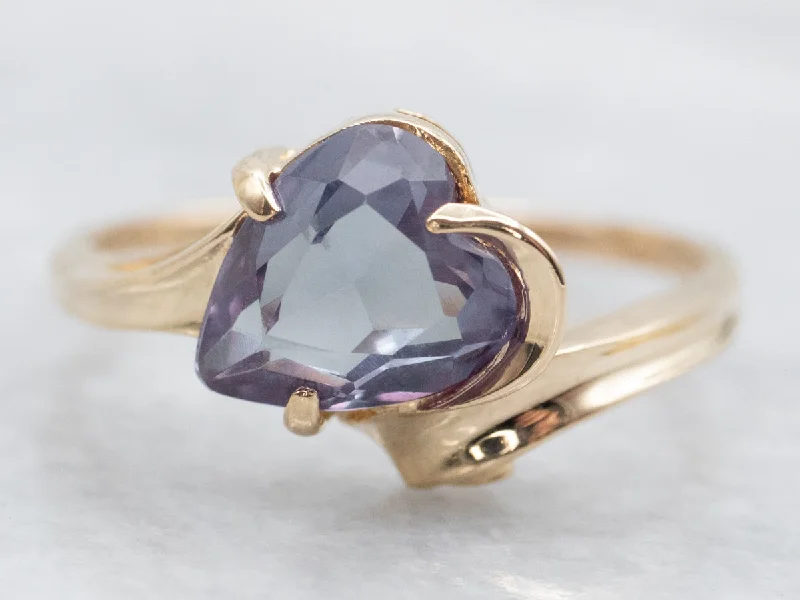 Yellow Gold Heart Shaped Synthetic Alexandrite Solitaire Bypass Ring