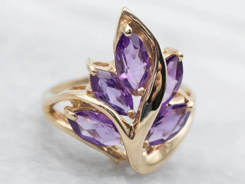 Yellow Gold Marquise Cut Amethyst Leaf Ring