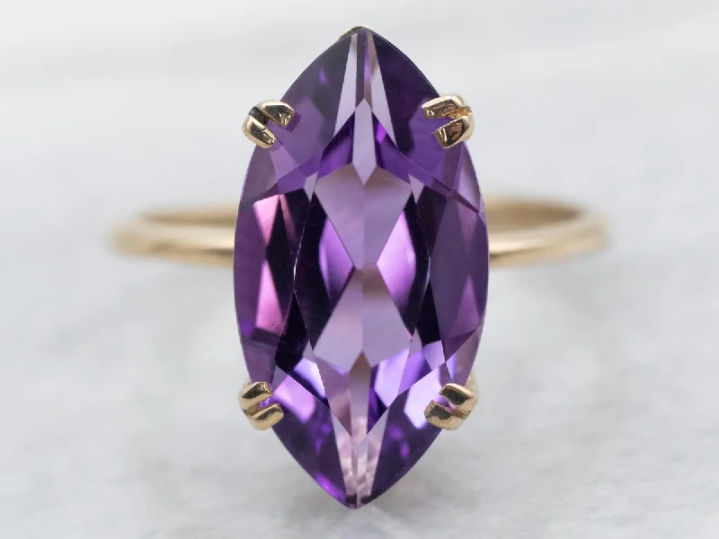 Yellow Gold Marquise Cut Amethyst Solitaire Ring