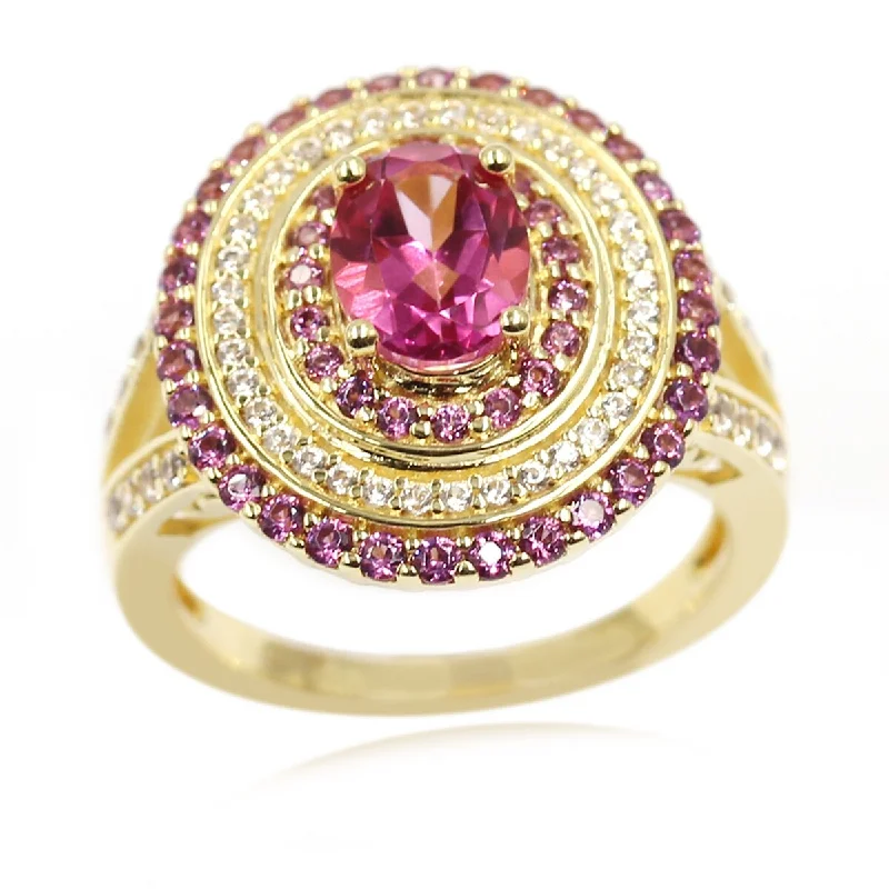 Yellow Over 925 Sterling Silver Pink Topaz,Rhodolite Garnet,White Natural Zircon Ring