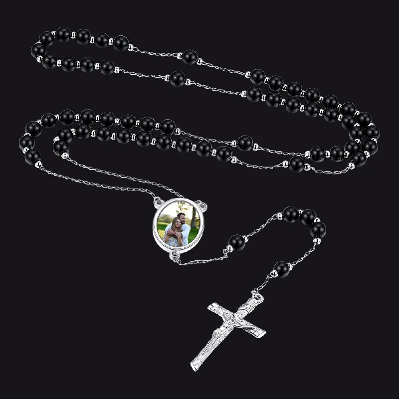 Personalized Catholic Picure Rosary Beads Cross Chain Necklace