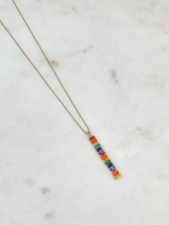 Cubic Zirconia Rainbow Bar Pendant Necklace